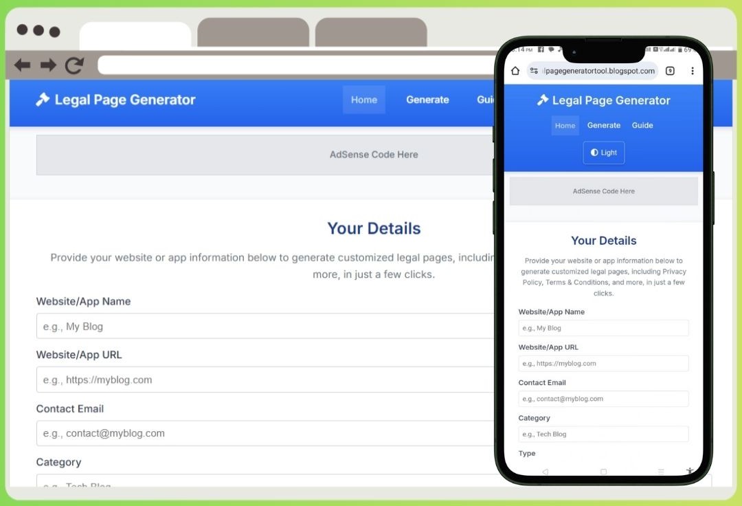 Generate custom Privacy Policy, Terms & Conditions, and more with this responsive HTML template. Perfect for Blogger, WordPress, or hosting. Easy, SEO-friendly tool!