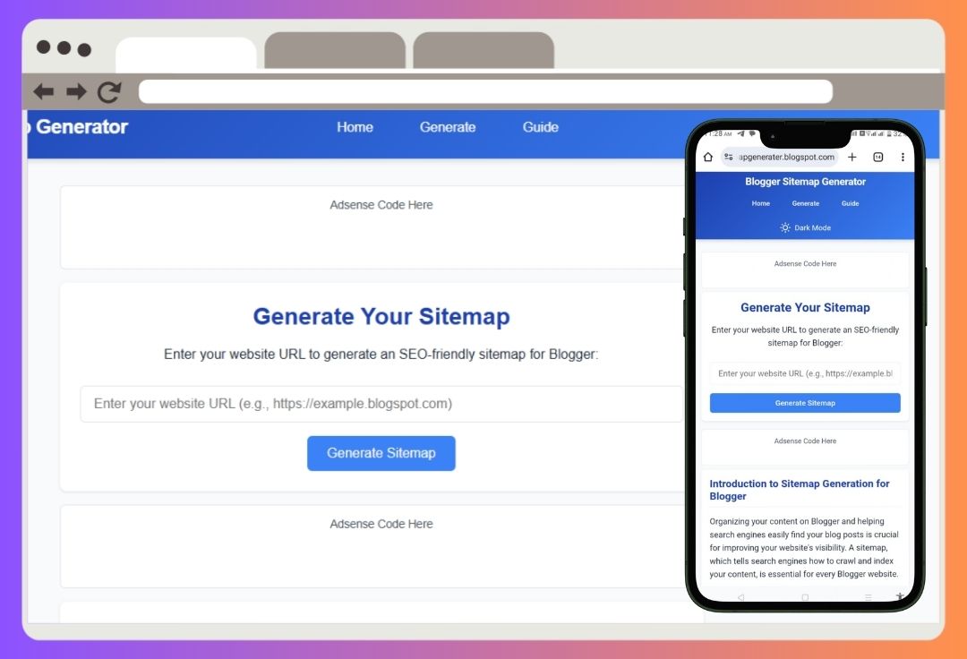 Generate Blogger sitemaps fast with this responsive HTML theme. Dark mode, AdSense ready, SEO optimized – perfect for blogs on any platform!