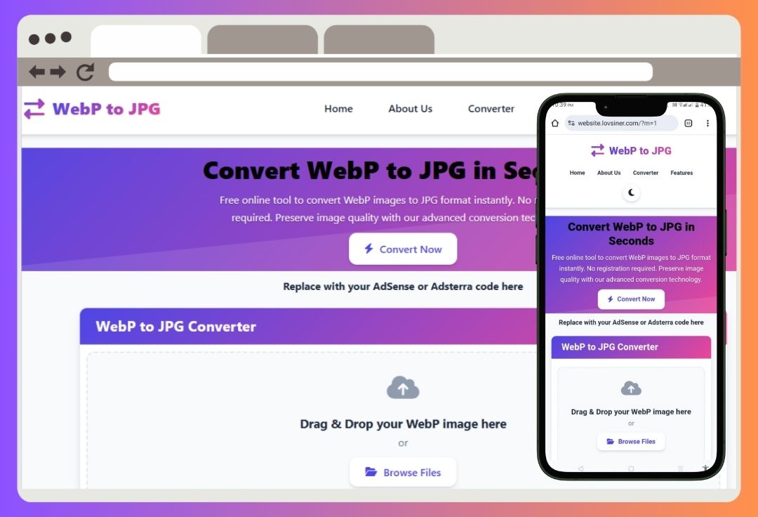 Build a fast, free WebP to JPG converter website using this responsive HTML theme. SEO-friendly, privacy-safe, and works on Blogger or WordPress.