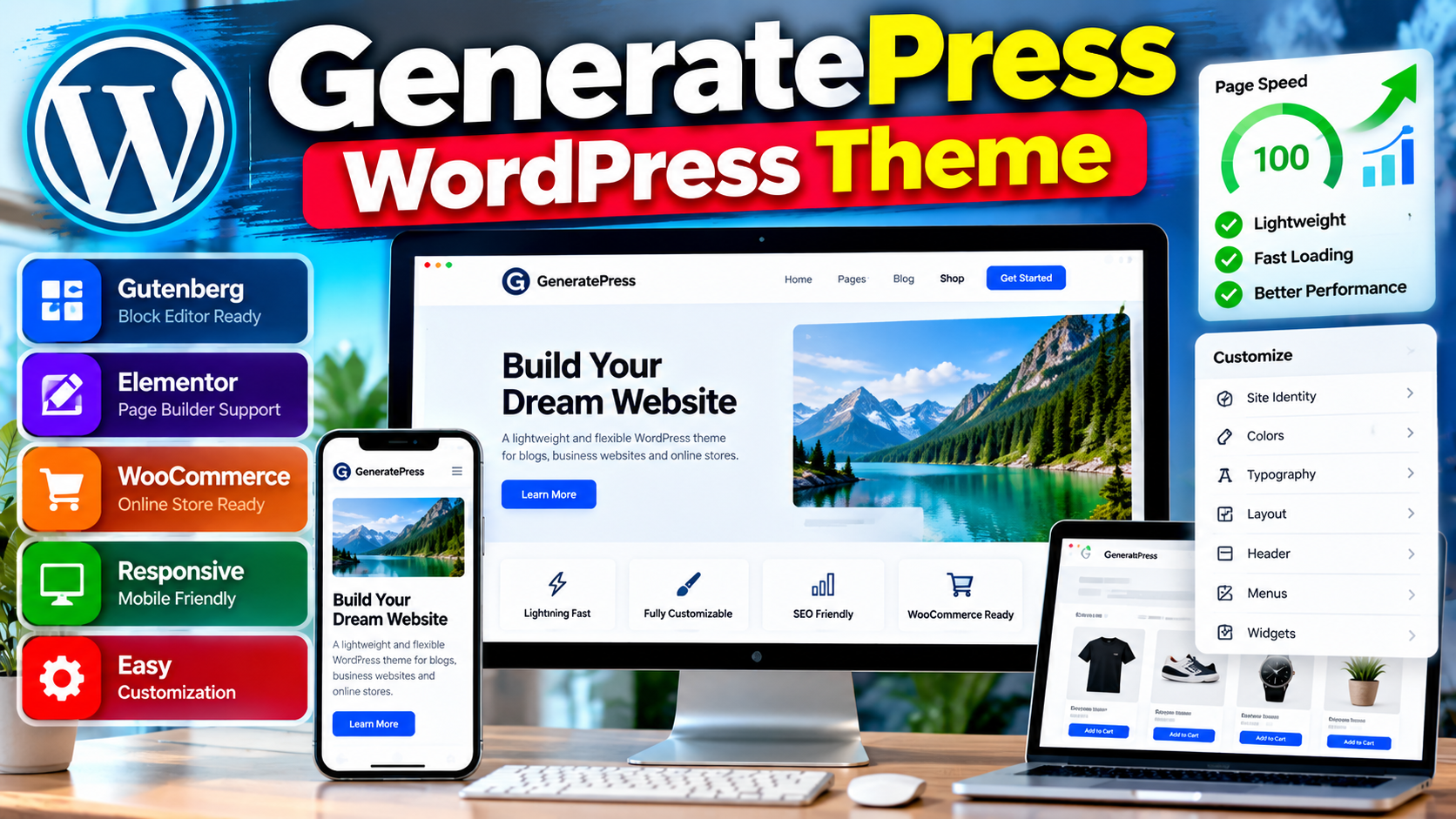 GeneratePress WordPress Theme with responsive website design, performance analytics, and WordPress customization concepts