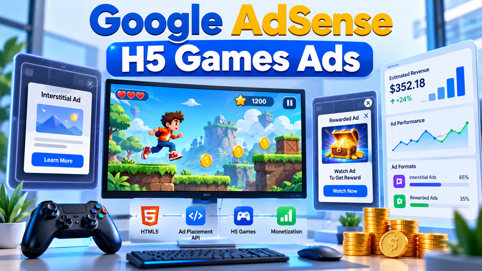Google AdSense H5 Games Ads concept showing HTML5 game monetization with interstitial and rewarded advertisements