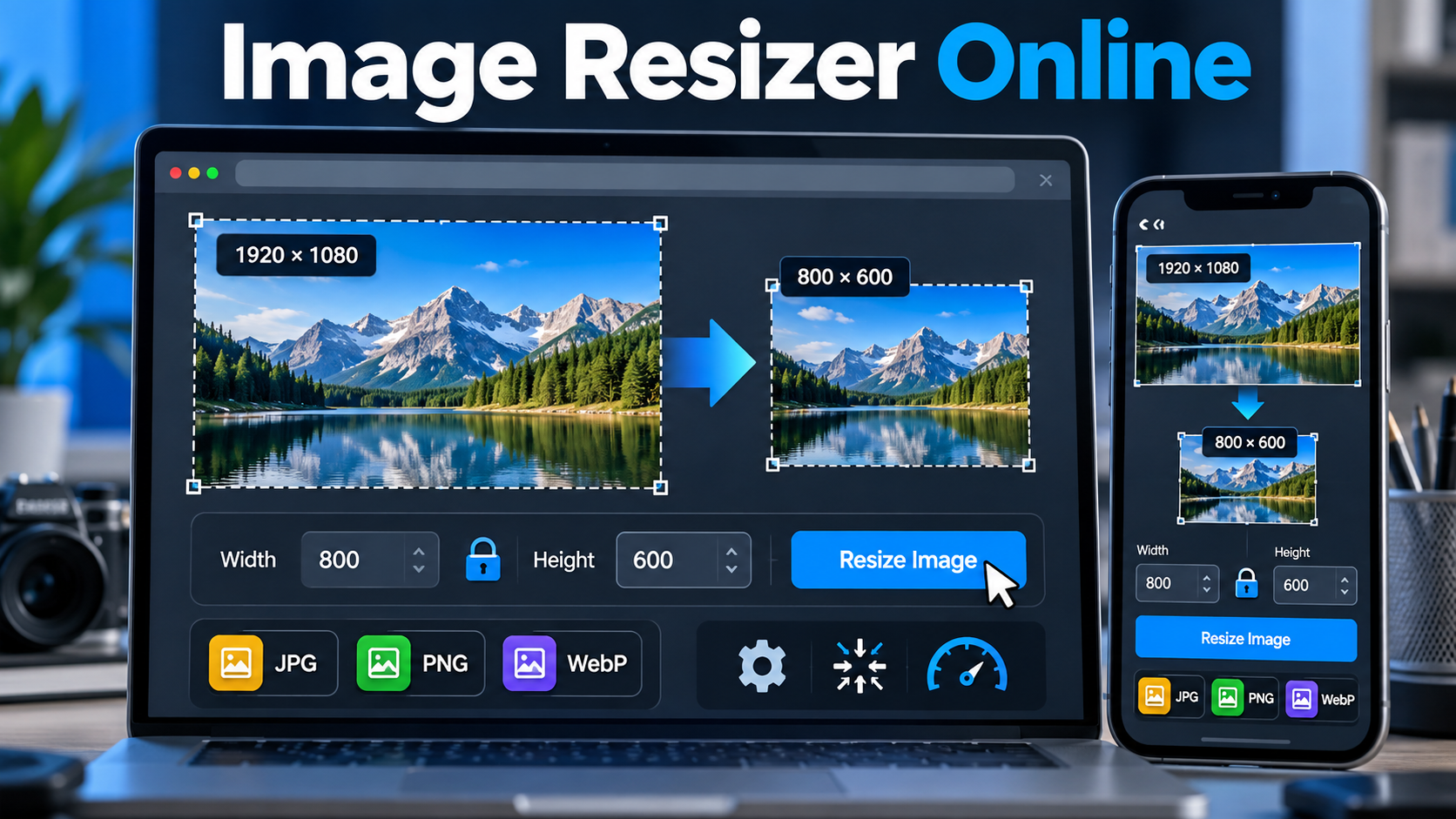 Online image resizer showing image dimensions, aspect ratio controls, and digital image optimization tools