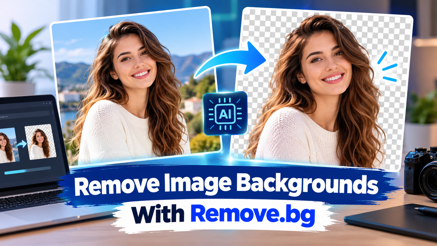 Professional image background removal using remove.bg with a transparent background effect.