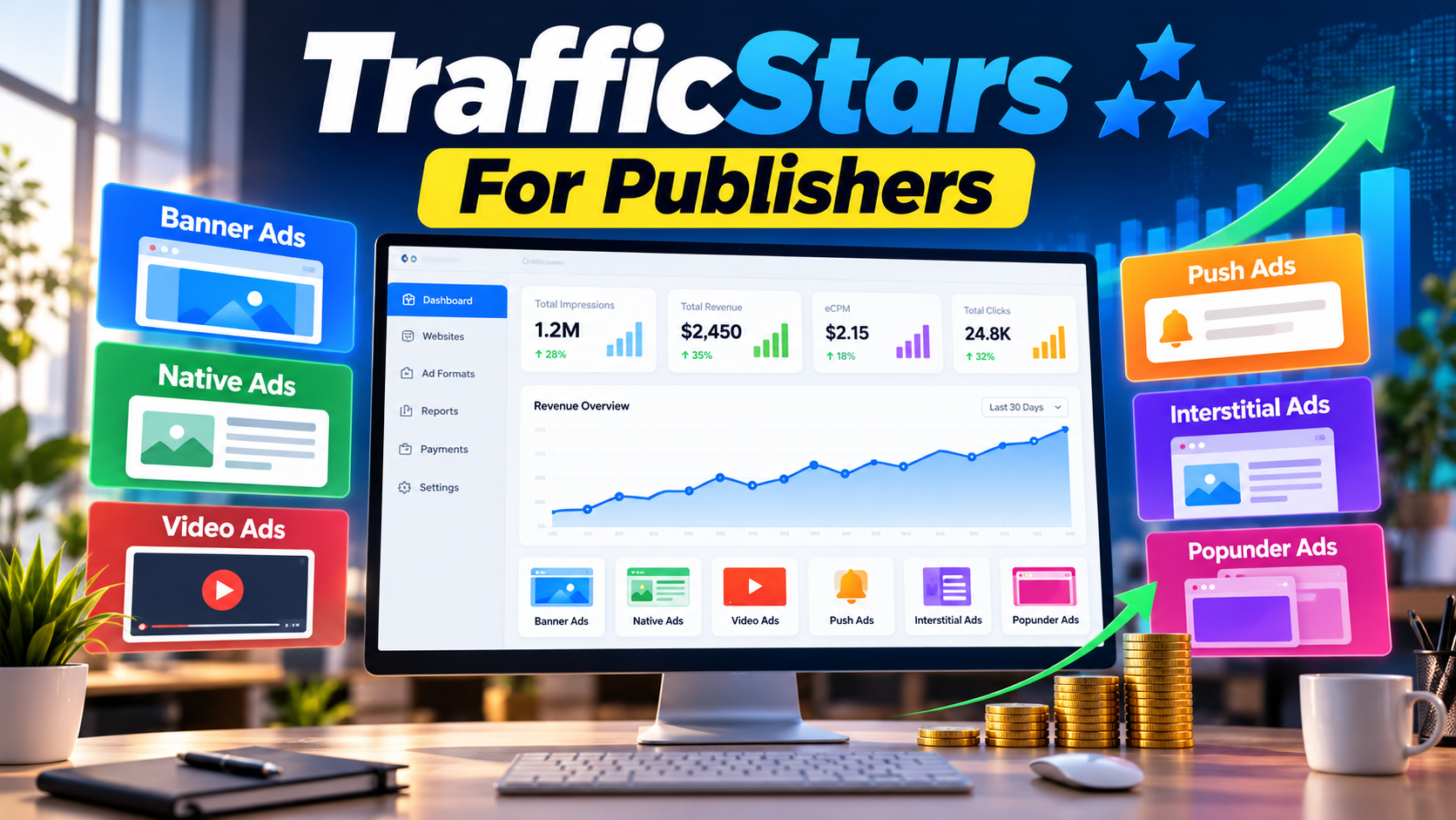 TrafficStars For Publishers website monetization and advertising dashboard concept