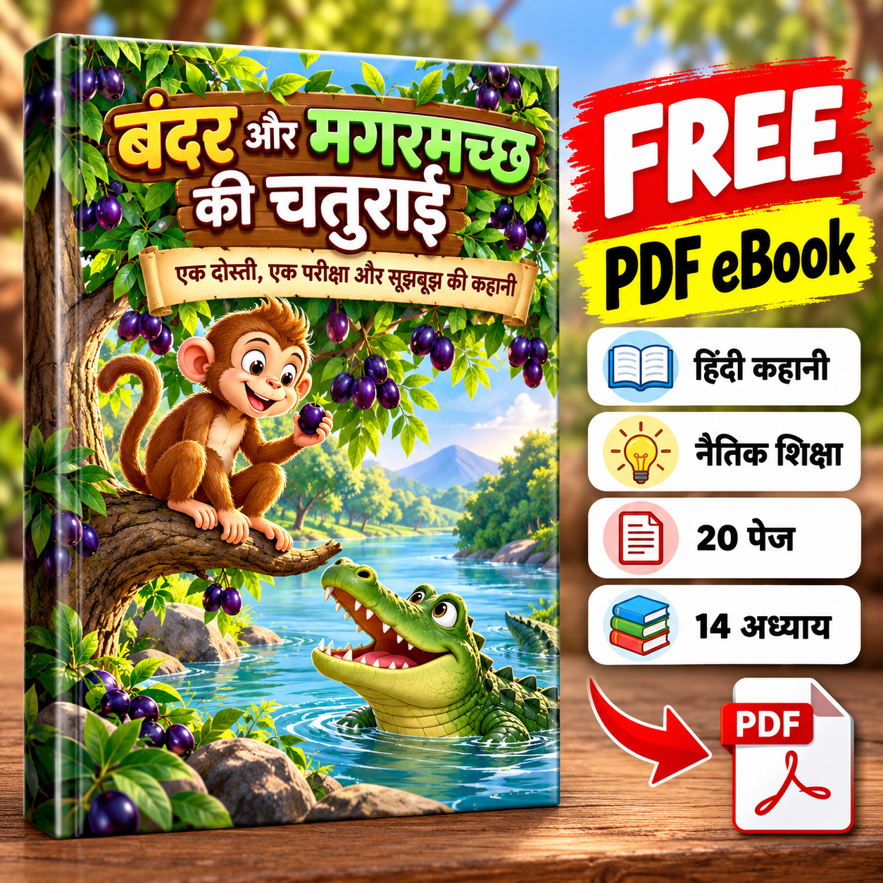 बंदर और मगरमच्छ की चतुराई हिंदी नैतिक कहानी की Free PDF eBook का 3D कवर, जिसमें बंदर, मगरमच्छ, जामुन का पेड़ और नदी दिखाई गई है।