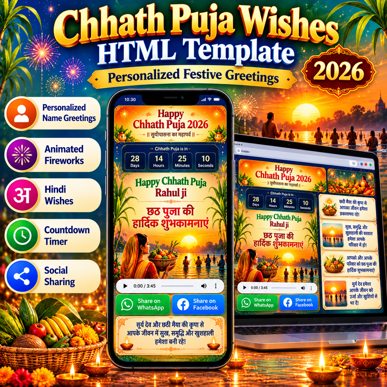 Chhath Puja Wishes HTML Template displayed on smartphone and laptop screens with personalized Hindi greetings, animated fireworks, a countdown timer, an audio player, and social sharing buttons.