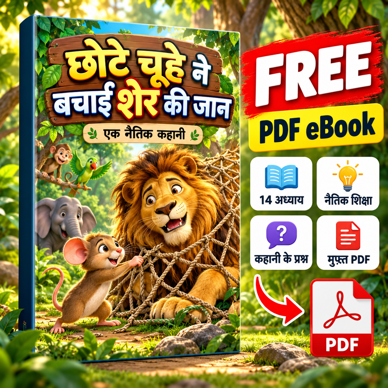छोटे चूहे ने बचाई शेर की जान हिंदी नैतिक कहानी की Free PDF eBook का 3D कवर, जिसमें चूहा शेर की मदद करता है।