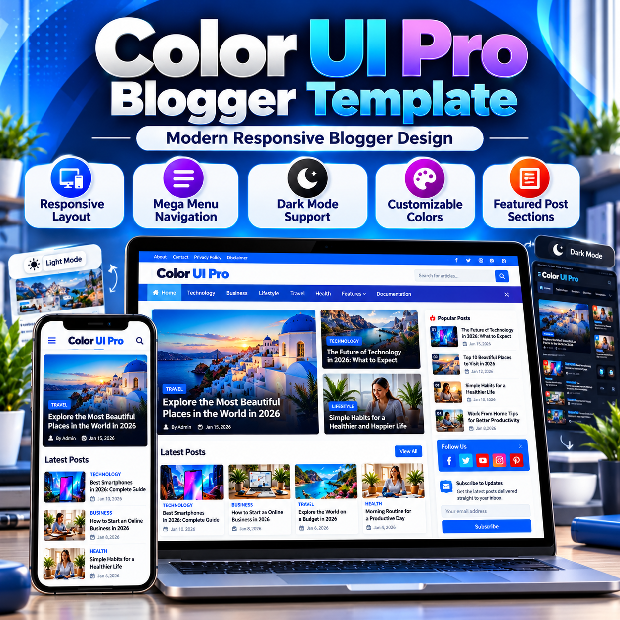 Premium Color UI Pro Blogger Template displayed on laptop and smartphone screens featuring colorful navigation, featured posts, mega menu, and responsive layouts.