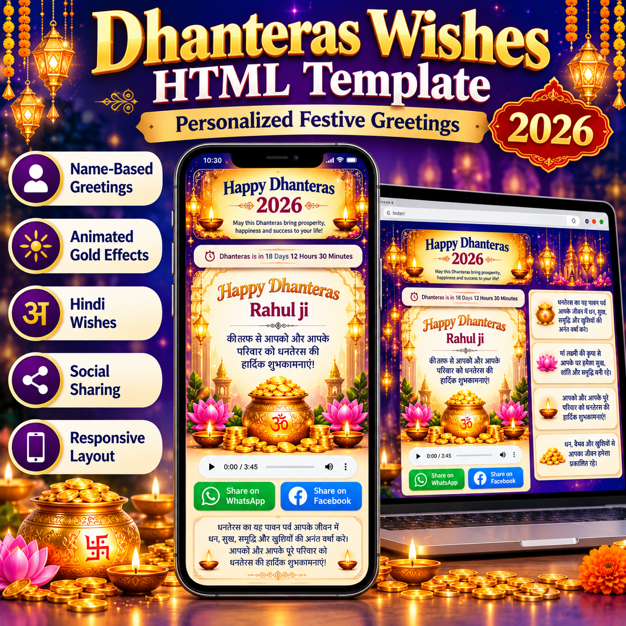 Dhanteras Wishes HTML Template displayed on a smartphone with personalized greetings, animated gold decorations, Hindi wishes, and social sharing buttons.