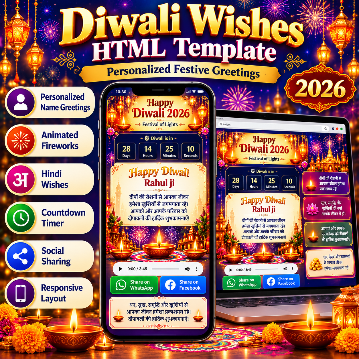 Diwali Wishes HTML Template displayed on a smartphone and laptop with personalized greetings, animated fireworks, Hindi messages, a countdown timer, and sharing buttons.