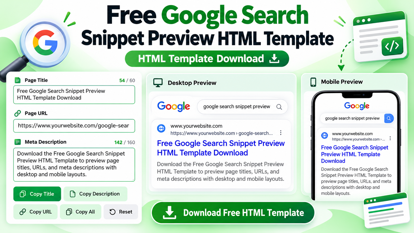 Free Google Search Snippet Preview HTML Template displaying a page title, URL, meta description, and desktop and mobile previews.