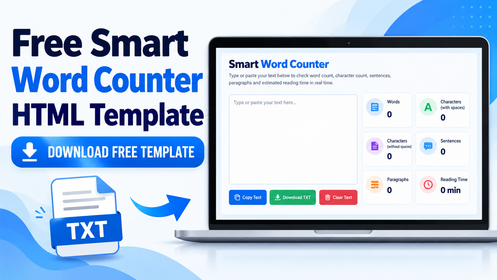 Free Smart Word Counter HTML template download with live word counts, character statistics, sentence and paragraph counts, and reading-time estimation.