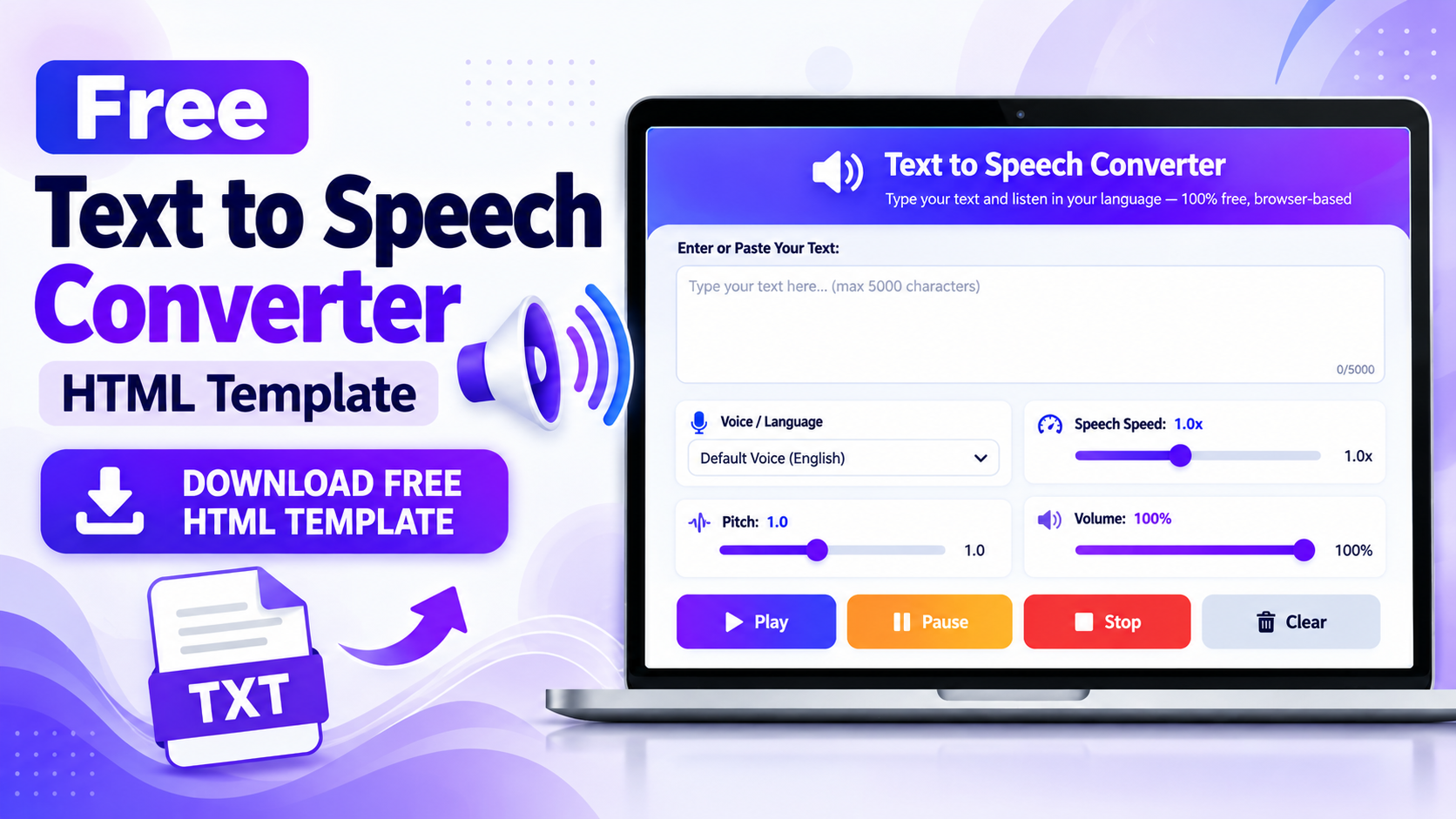 Free Text to Speech Converter HTML template download featuring voice selection, speech speed, pitch, volume, and playback controls.