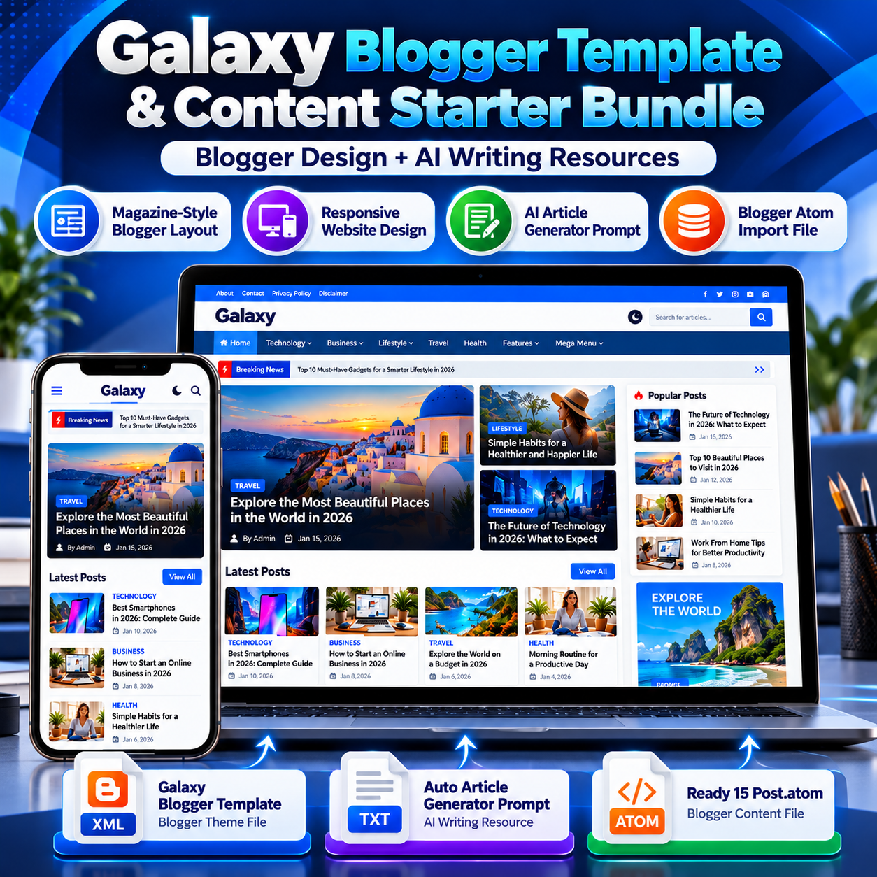 Galaxy Blogger Template & Content Starter Bundle displayed on laptop and smartphone screens with a magazine-style Blogger website and digital content resource icons.