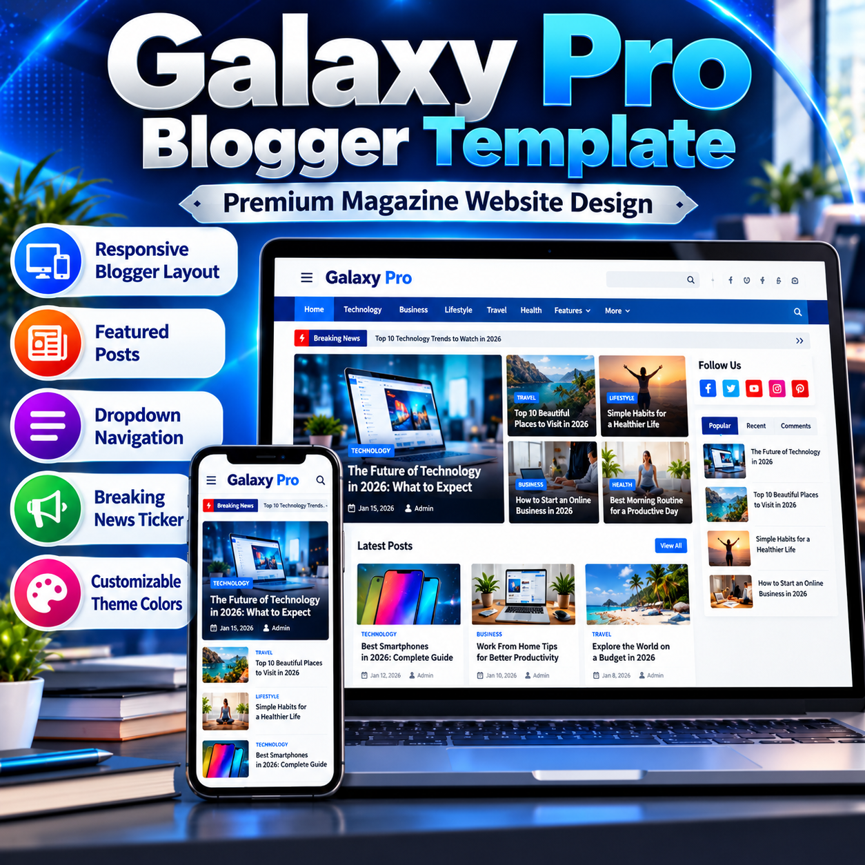 Galaxy Pro Blogger Template displayed on laptop and smartphone screens with featured posts, magazine-style blog sections, navigation menus, sidebar widgets, and a breaking news ticker.
