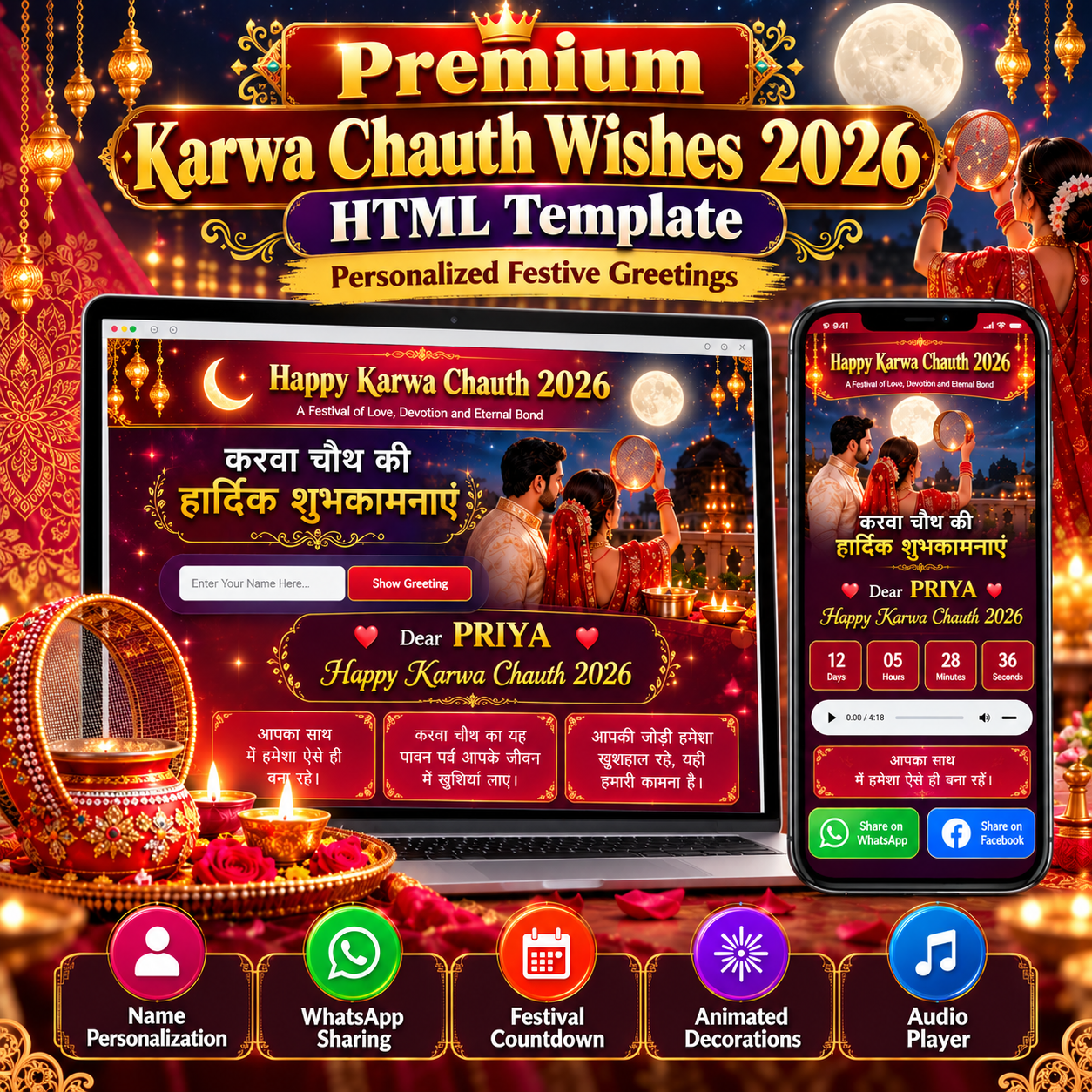 Karwa Chauth Wishes HTML Template preview featuring a personalized festive greeting, golden crescent moon, decorative animations, and sharing controls.