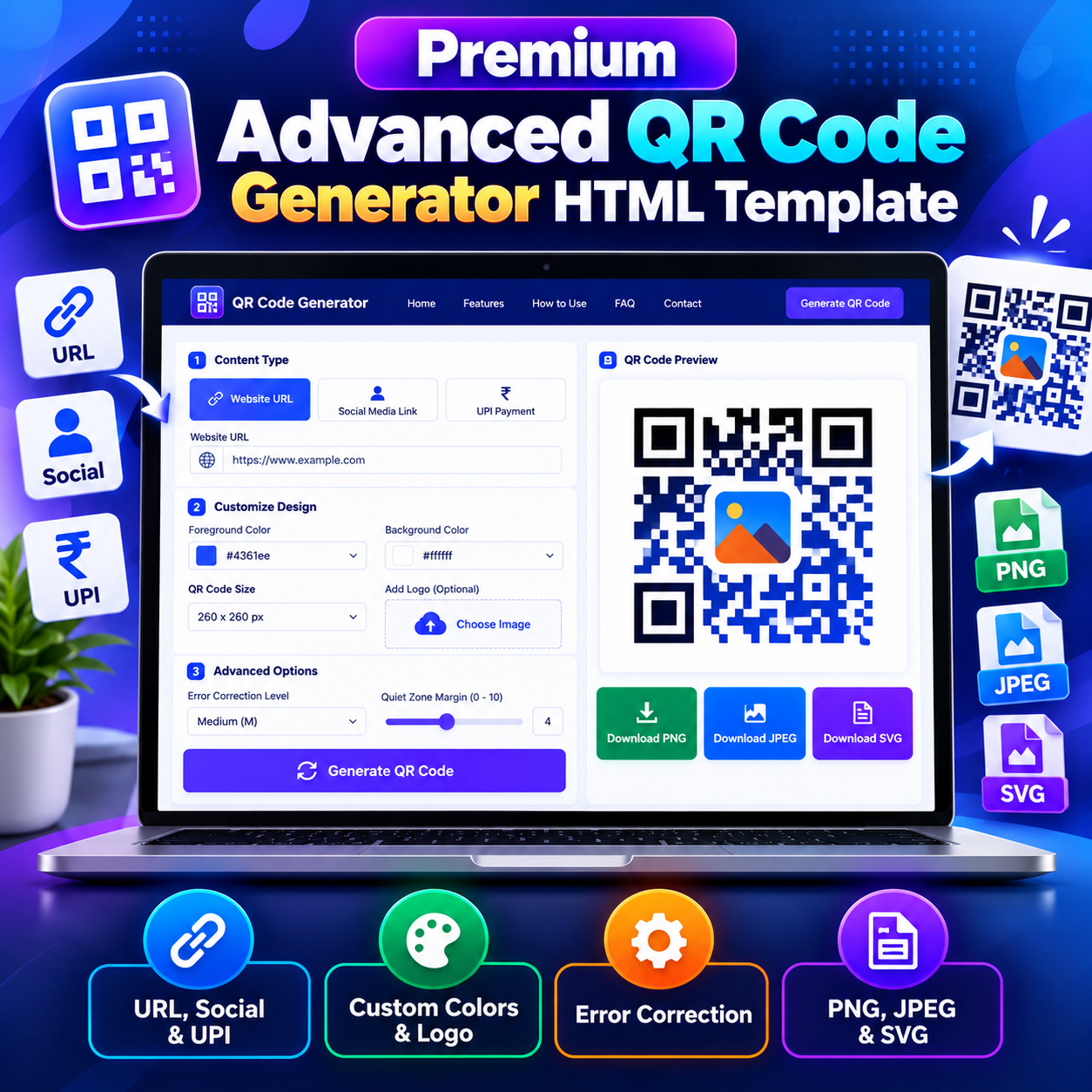 Premium Advanced QR Code Generator HTML Template interface showing URL, social, and UPI modes, QR preview, color controls, logo upload, and download formats.