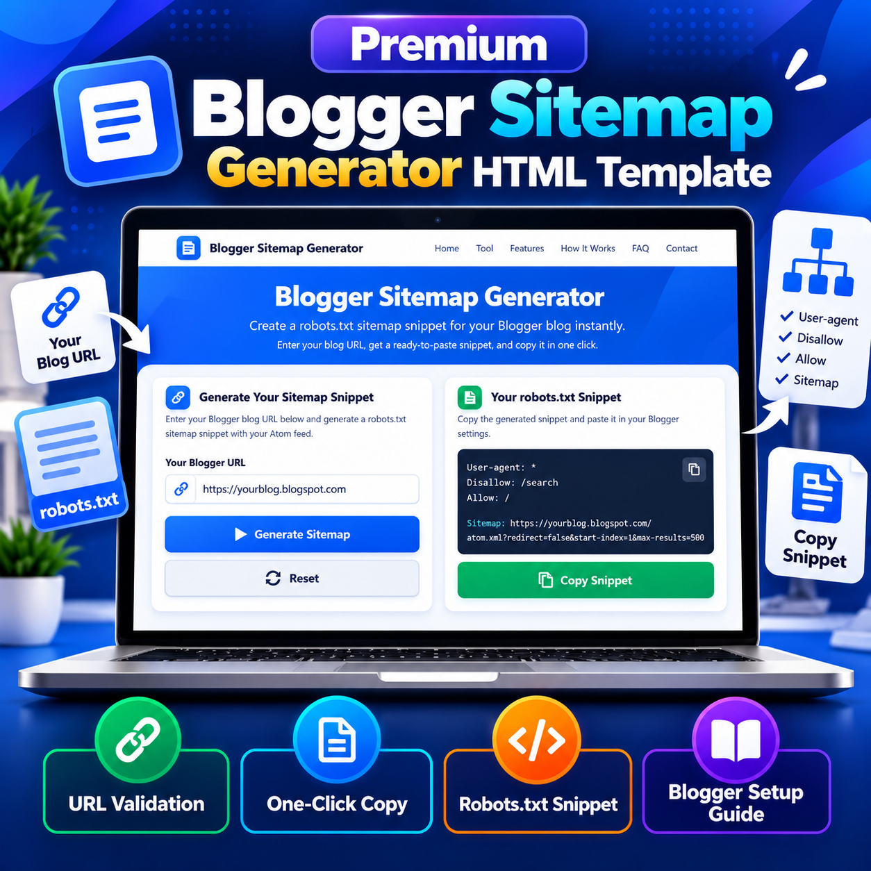 Premium Blogger Sitemap Generator HTML Template interface showing a Blogger URL input, generated robots.txt sitemap snippet, and Copy Snippet button.
