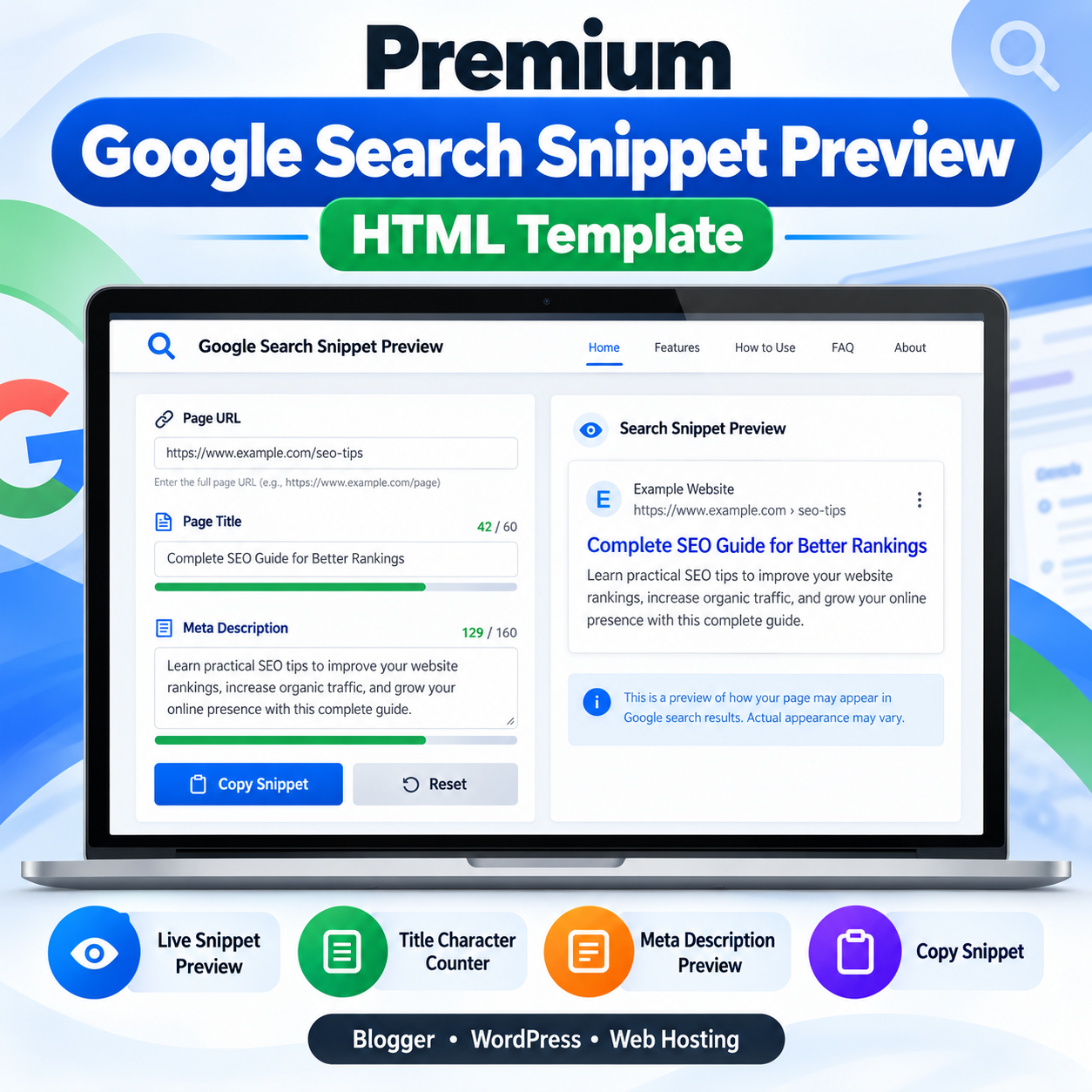 Premium Google Search Snippet Preview HTML Template showing URL, title, and meta description fields with character counters and a live search-result preview.