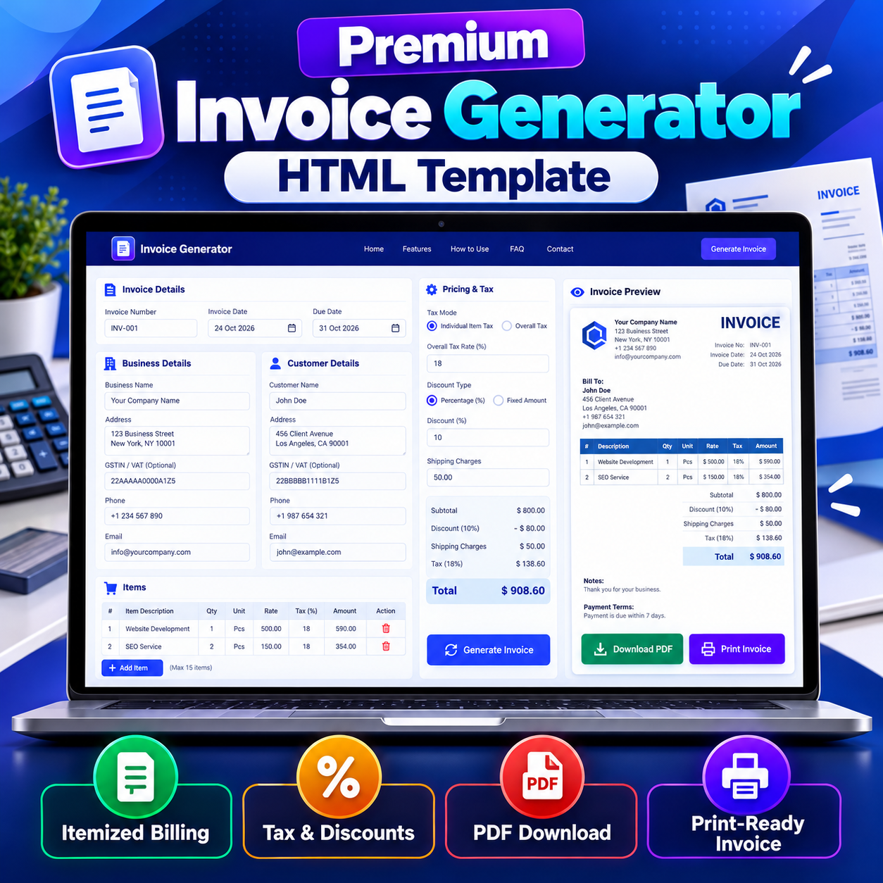 Premium Invoice Generator HTML Template interface showing itemized billing, business and customer details, tax and discount controls, and PDF download.