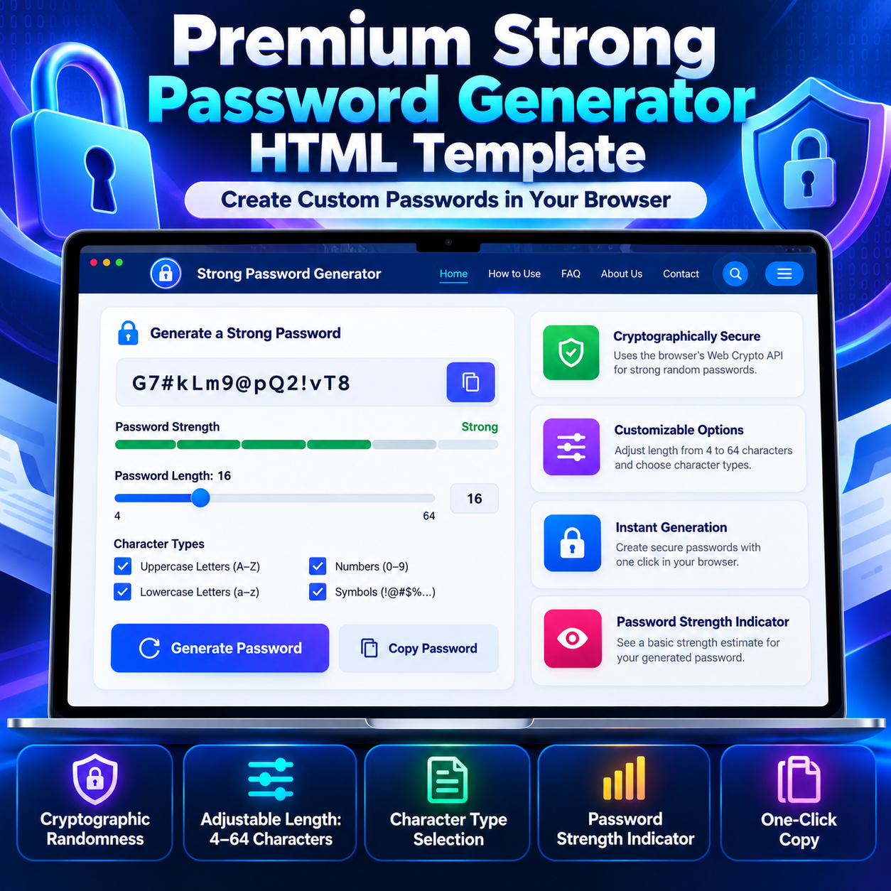 Premium Strong Password Generator HTML Template showing adjustable password length, character type options, strength indicator, and copy button