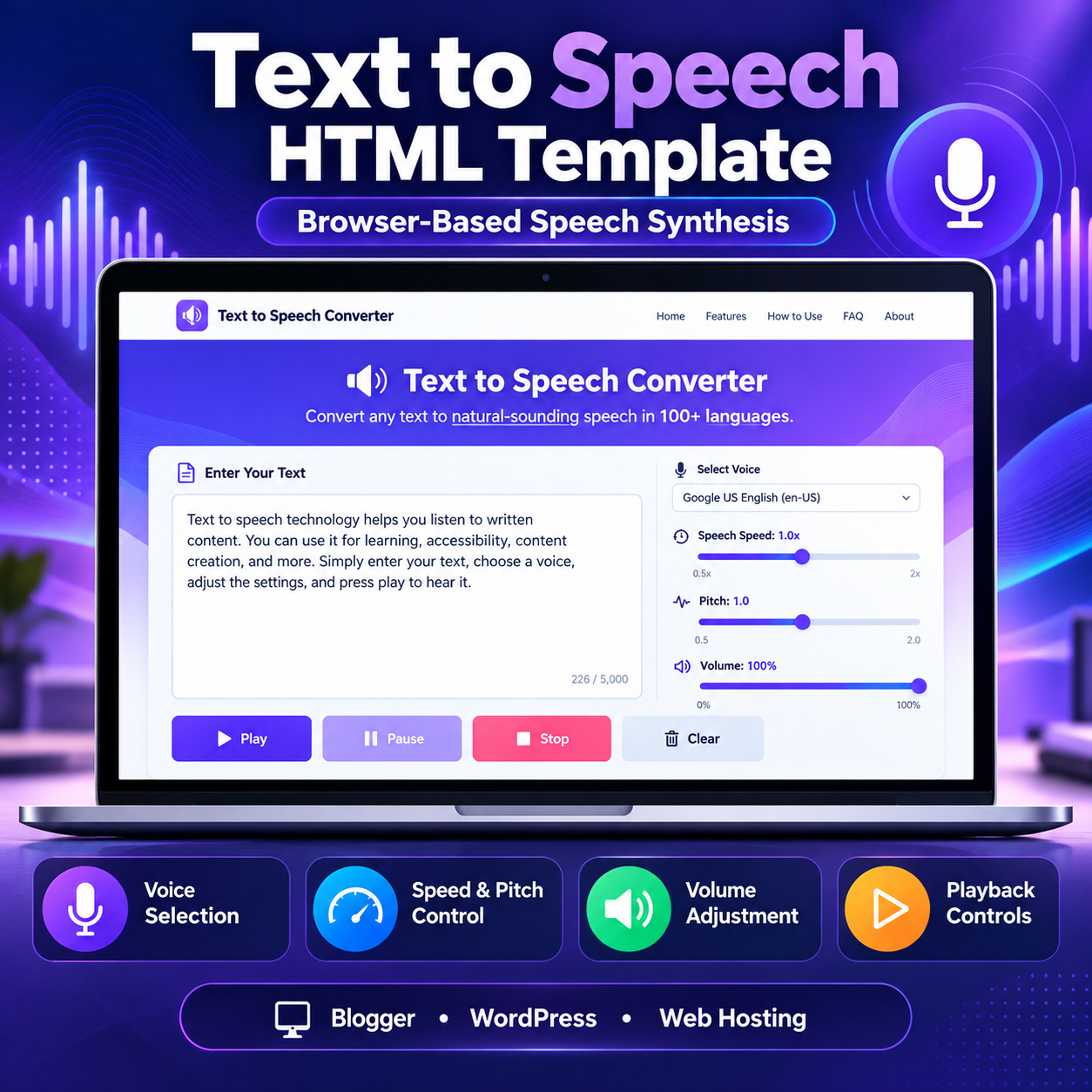 Text to Speech HTML Template interface showing text input, voice selection, speed, pitch, volume sliders, and playback controls.
