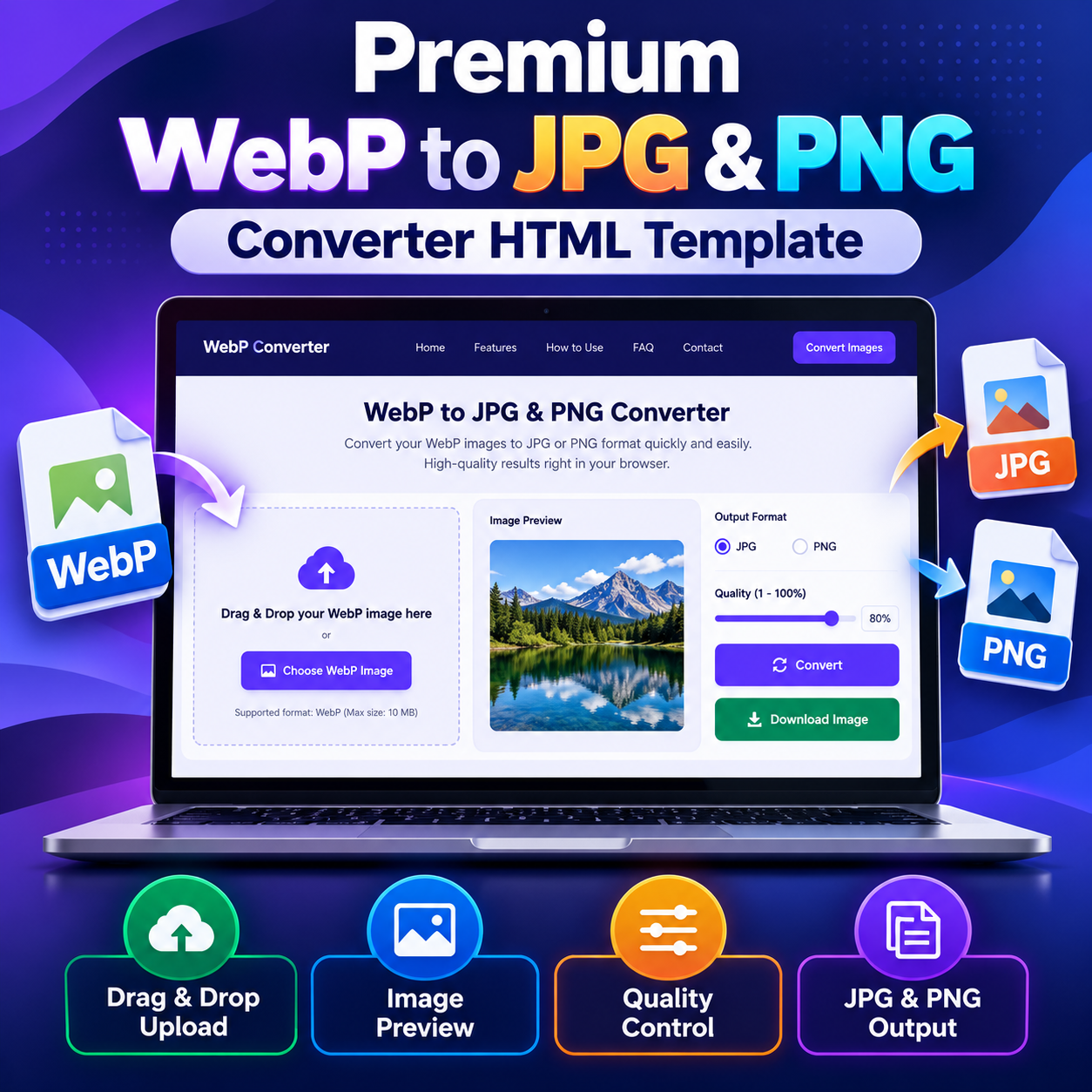 Premium WebP to JPG & PNG Converter HTML Template interface showing image preview, JPG and PNG output options, and quality control.