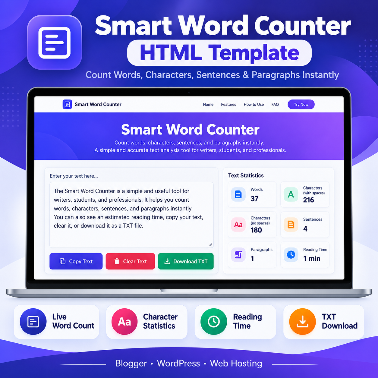 Smart Word Counter HTML Template interface showing a text editor, word and character statistics, reading time, and text download controls.