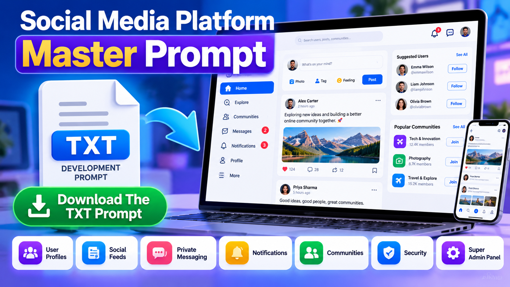 Social Media Platform Master Prompt TXT download for planning a custom social network with messaging, communities, security, and admin controls.