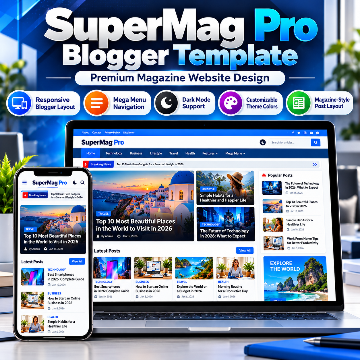 Premium SuperMag Pro Blogger Template displayed on laptop and smartphone screens with magazine-style article cards, mega menu navigation, dark mode styling, and responsive layouts.
