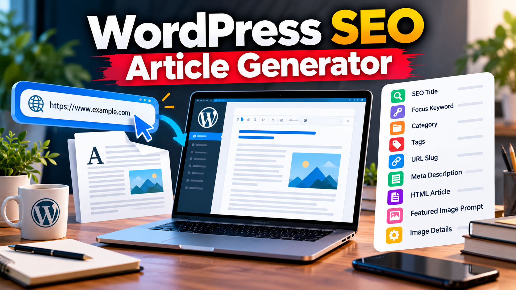 WordPress SEO article generator prompt for creating an article pack from a single source URL