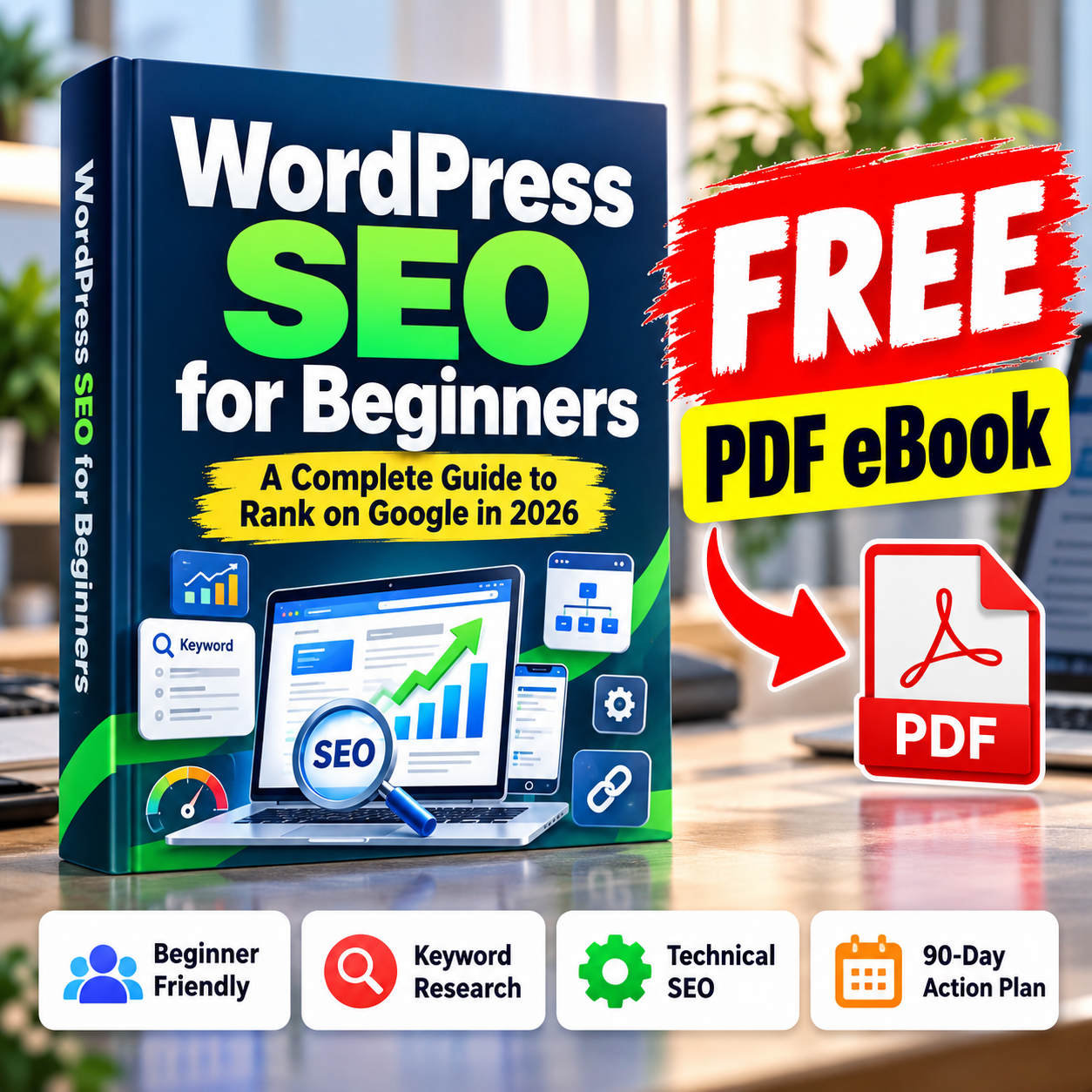 WordPress SEO for Beginners 2026 free PDF eBook cover featuring a WordPress SEO guide and free download banner.
