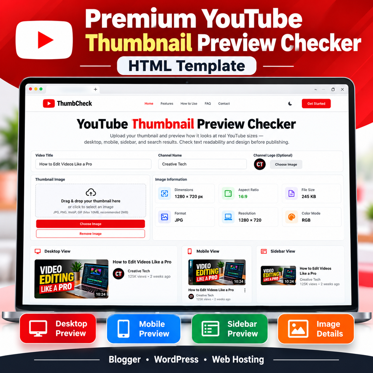 YouTube Thumbnail Preview Checker HTML Template showing desktop, mobile, and sidebar thumbnail previews with image information.